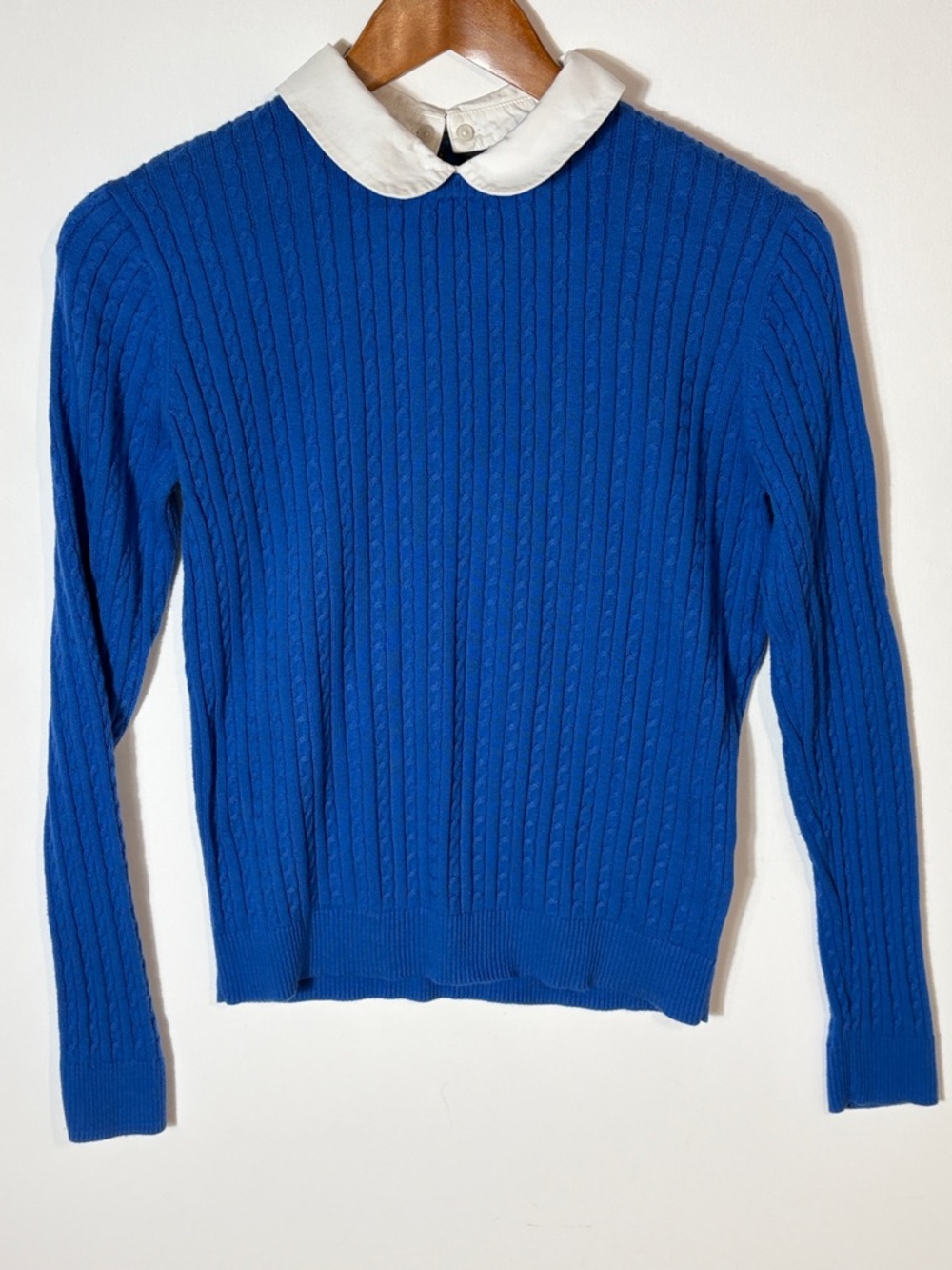 Brooks Brothers 346 Blue Cable Knit Sweater White Collar Preppy Small